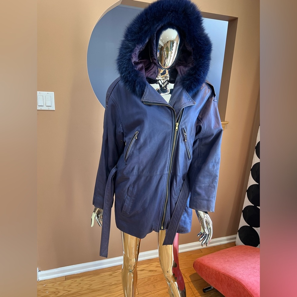 Elegant Navy Fur-Trimmed leather Jacket
